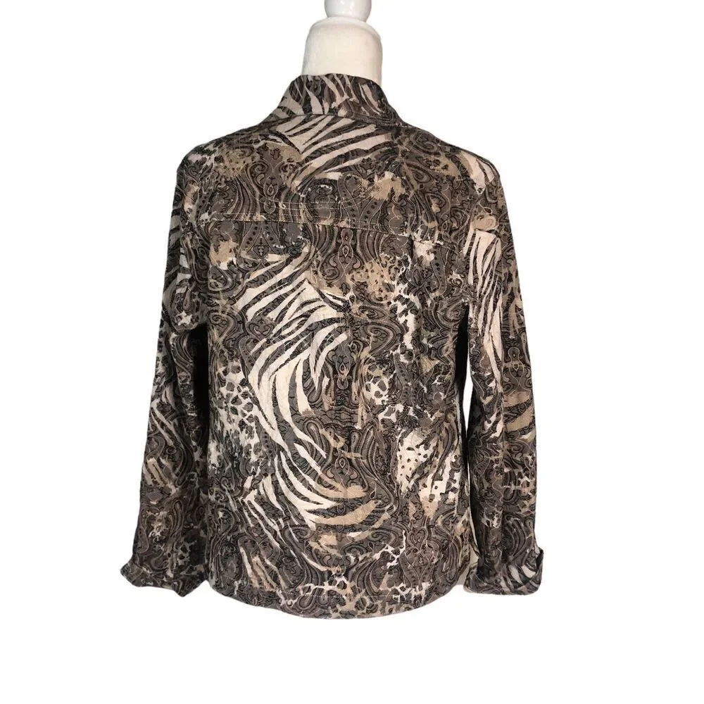 Rebecca Malone Jacket Womens M Brown Animal Paisley‎ Print Jacquard Button Coat